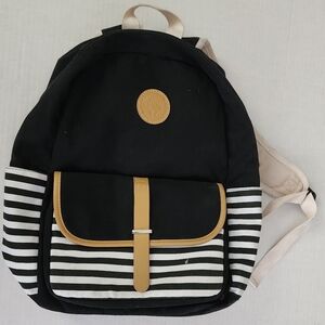 Black and White Striped Backpack with Tan Accents